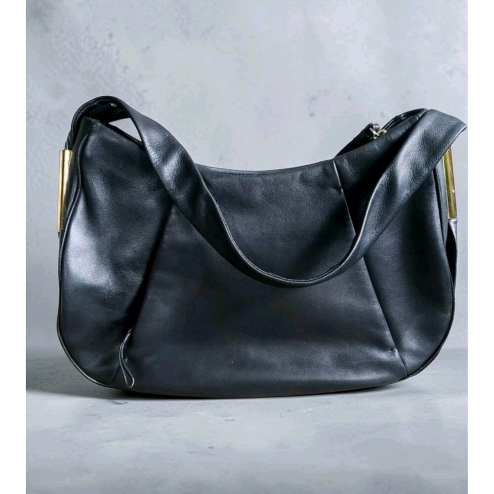 Vintage Alexandra Bartlett Leather Handbag Black Top Handle Side Gold Bars Y2k